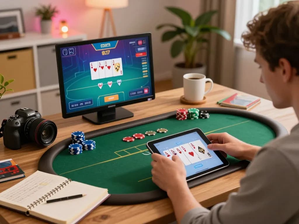 Player enjoys poker on tablet, strategizing with sc88 notes in a cozy setting.