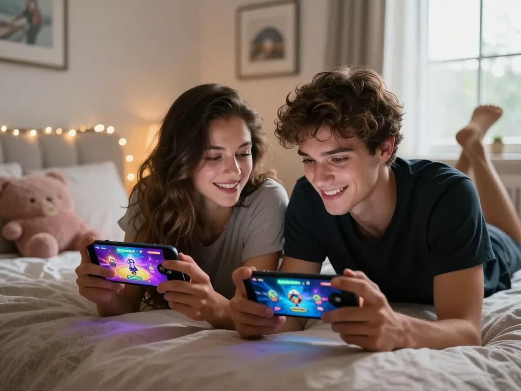 Couple enjoying free mobile porn games in a cozy bedroom, intimate ambiance with vibrant game visuals.