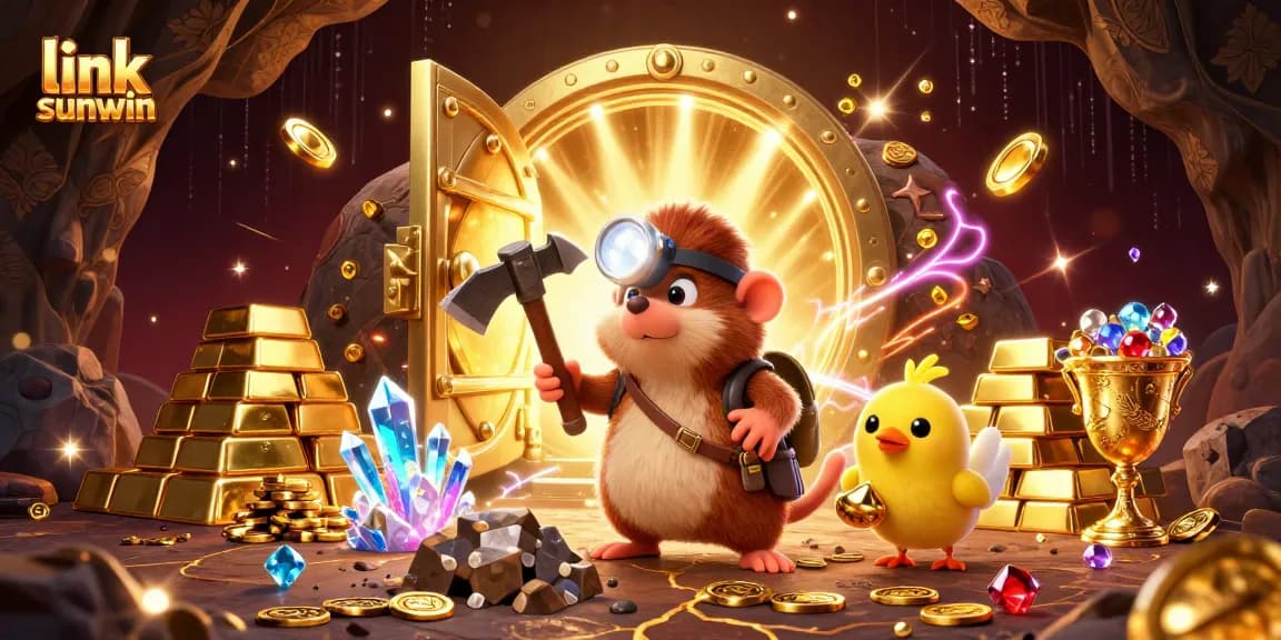 Experience the thrill of games and treasures at link sunwin with vibrant golden elements and dynamic characters.