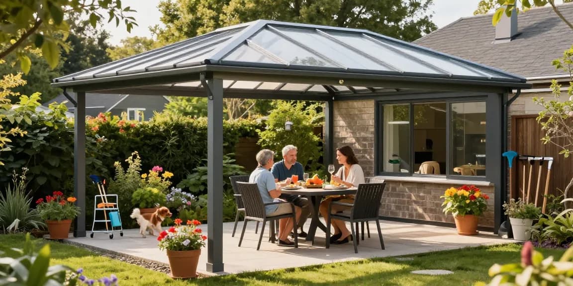 Moderne Terrassenüberdachung schützt die Familie beim Essen im Garten.