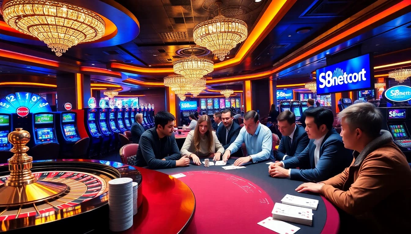 Gambling excitement at S8net com casino featuring poker, roulette, and vibrant decor.