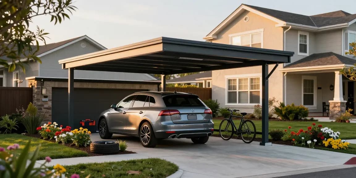 Moderne Carport-Installation in einer Wohngegend mit einem stilvollen Auto darunter, umgeben von einem gepflegten Garten.