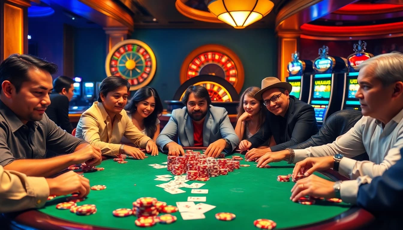 Engaged players enjoy a high-stakes game of poker at U8888 casino, illuminated by vibrant lights.