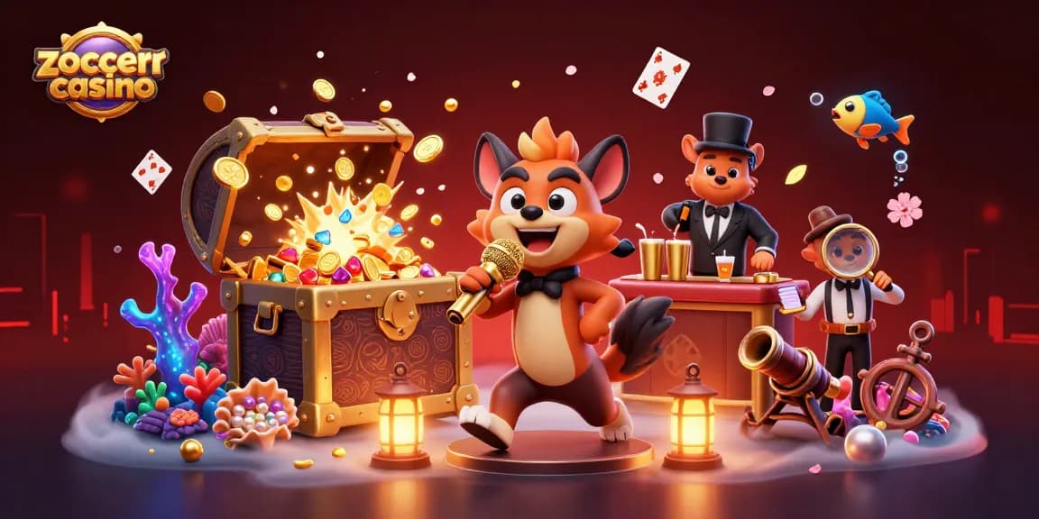 Engage with zoccercasino in a vibrant 3D cartoon hyena casino scene featuring comedy and cocktails.