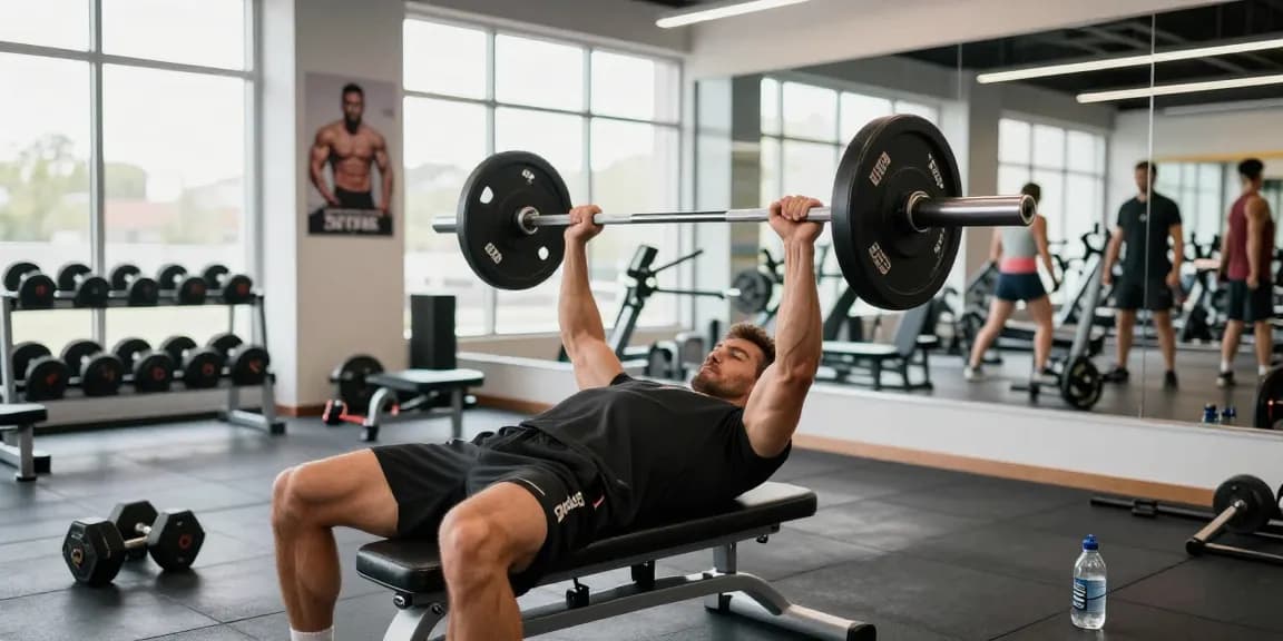 Anabolika kaufen für Muskelaufbau im modernen Fitnessstudio mit einem Mann beim Bankdrücken.