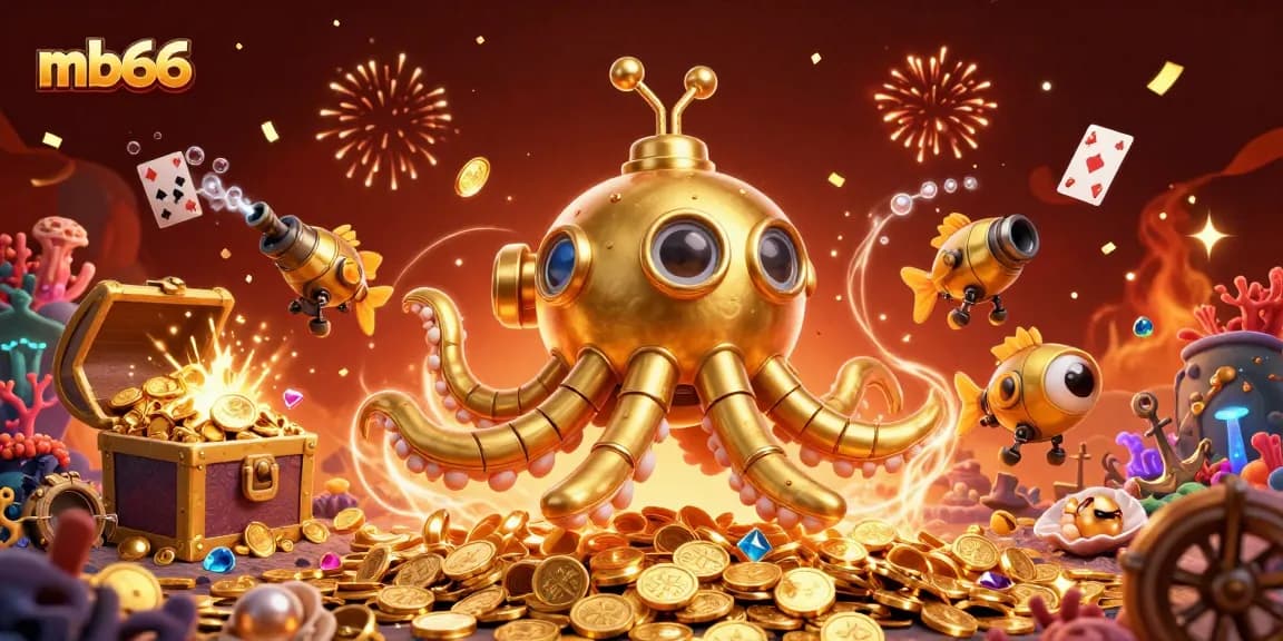 Win big with mb66: 3D cartoon scene featuring colorful casino elements and a kraken submarine