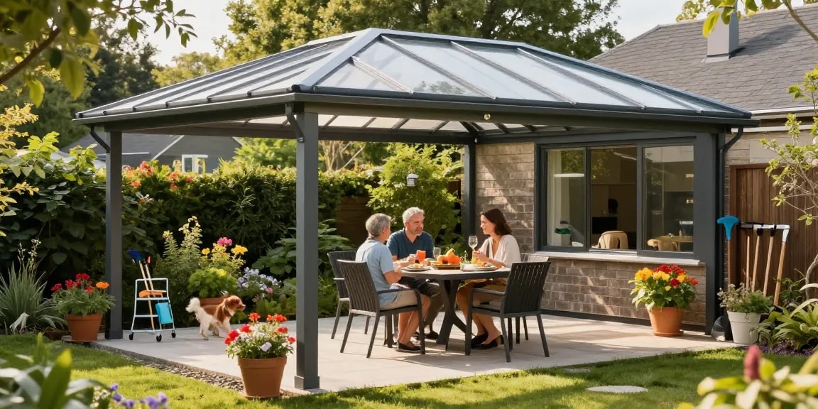 Moderne Terrassenüberdachung schützt die Familie beim Essen im Garten.