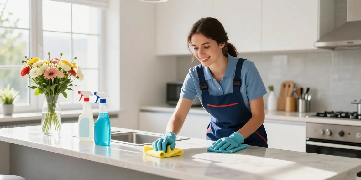 Professional cleaner demonstrating quality services of reinigungsfirmen solothurn in a sunlit home.