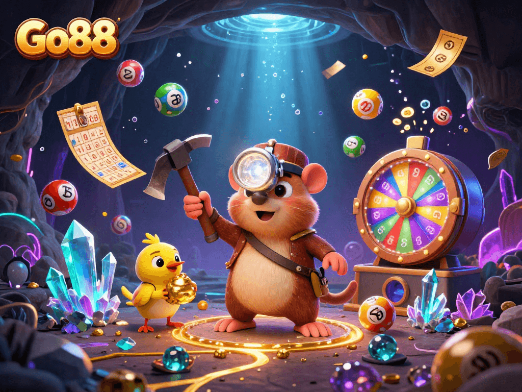 Mining for treasures while playing Go88 with vibrant lottery elements and glowing treasures