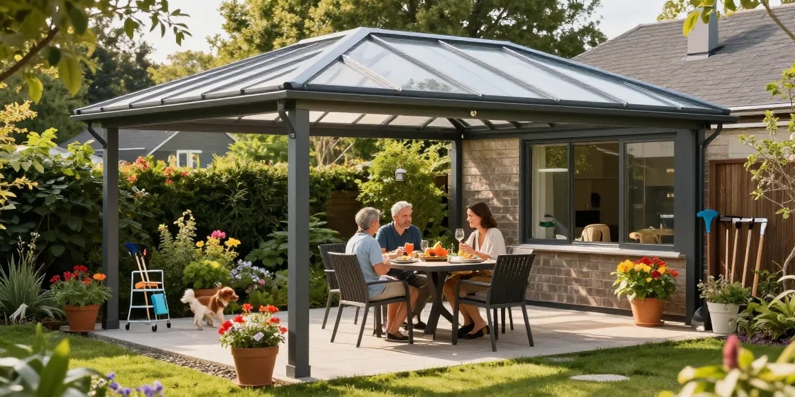 Moderne Terrassenüberdachung schützt die Familie beim Essen im Garten.