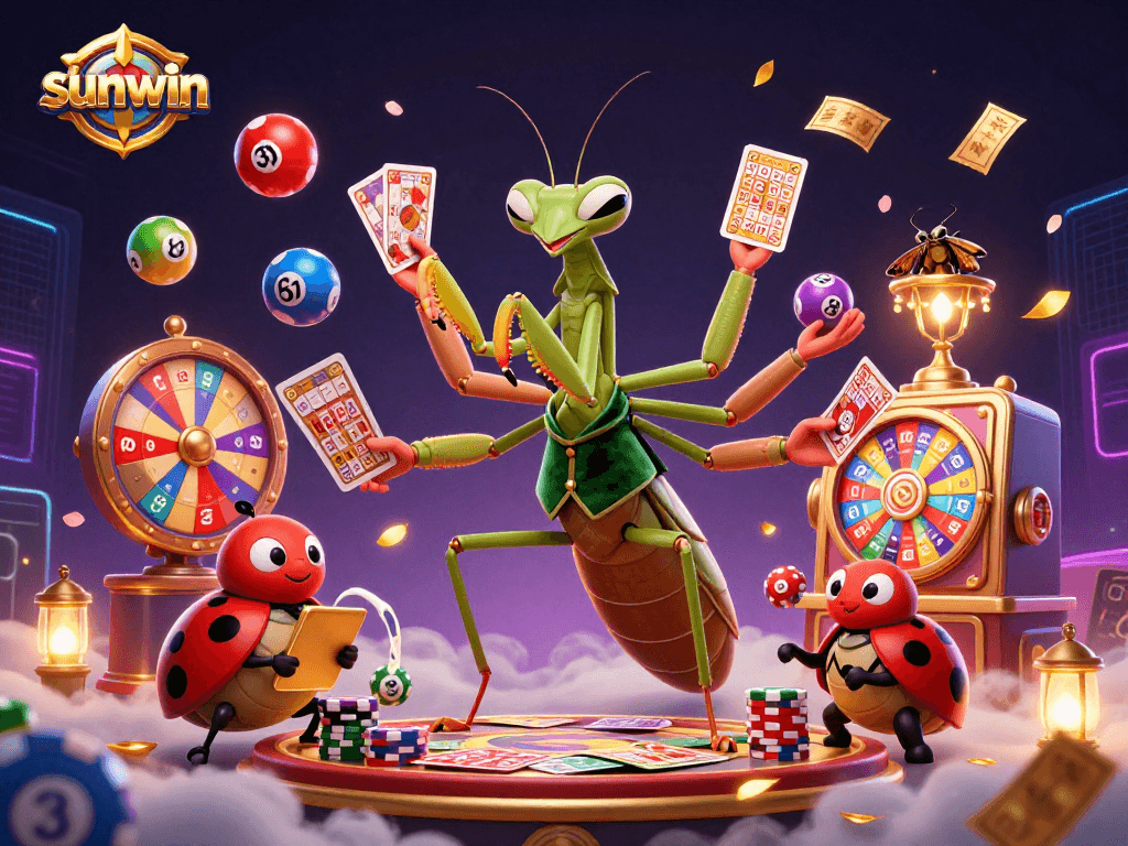 Join the excitement at sunwin with vibrant lottery balls and charismatic characters in a dynamic 3D casino scene.