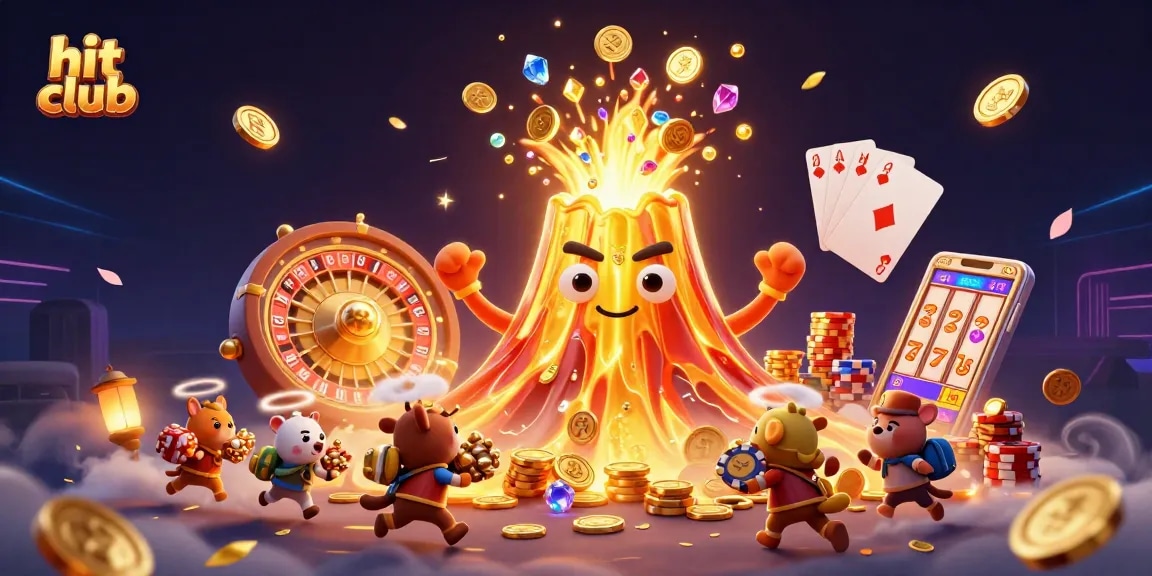 Experience the excitement of hit club gaming with coins and treasures erupting from a golden volcano.