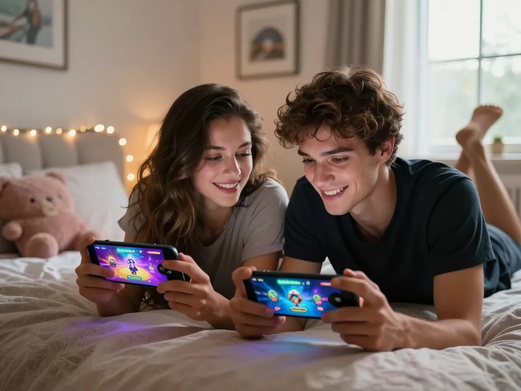 Couple enjoying free mobile porn games in a cozy bedroom, intimate ambiance with vibrant game visuals.