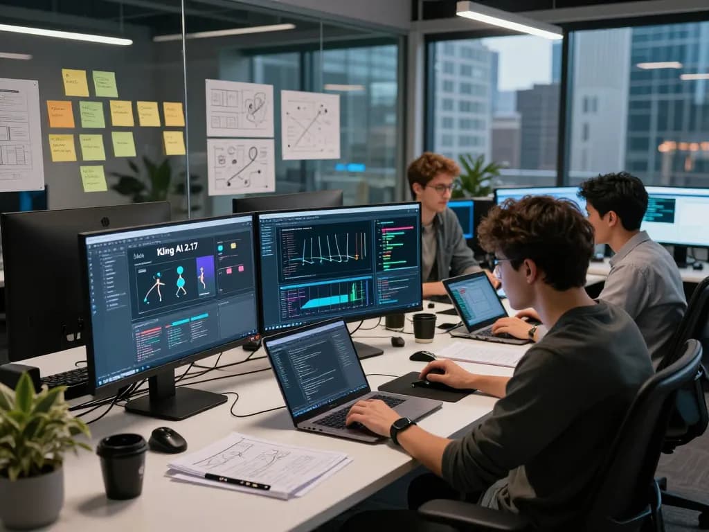 A dynamic software development team showcasing Kling AI 2.17 in a high-tech workspace.