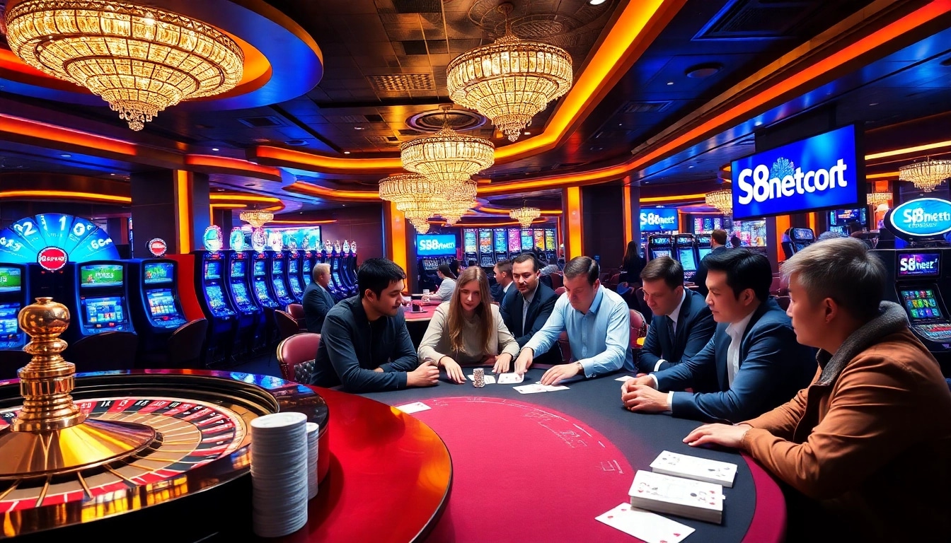 Gambling excitement at S8net com casino featuring poker, roulette, and vibrant decor.