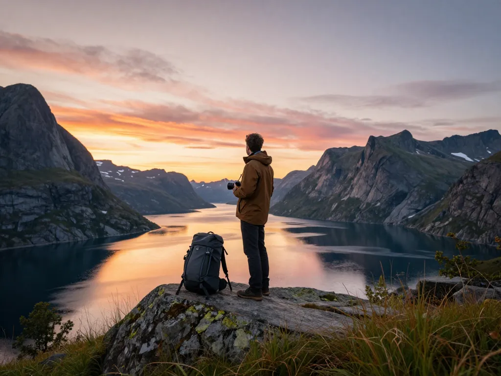 Atemberaubender Sonnenuntergang an einem norwegischen Fjord, der einen Reisenden zeigt, der seinen Urlaub in Skandinavien genießt.