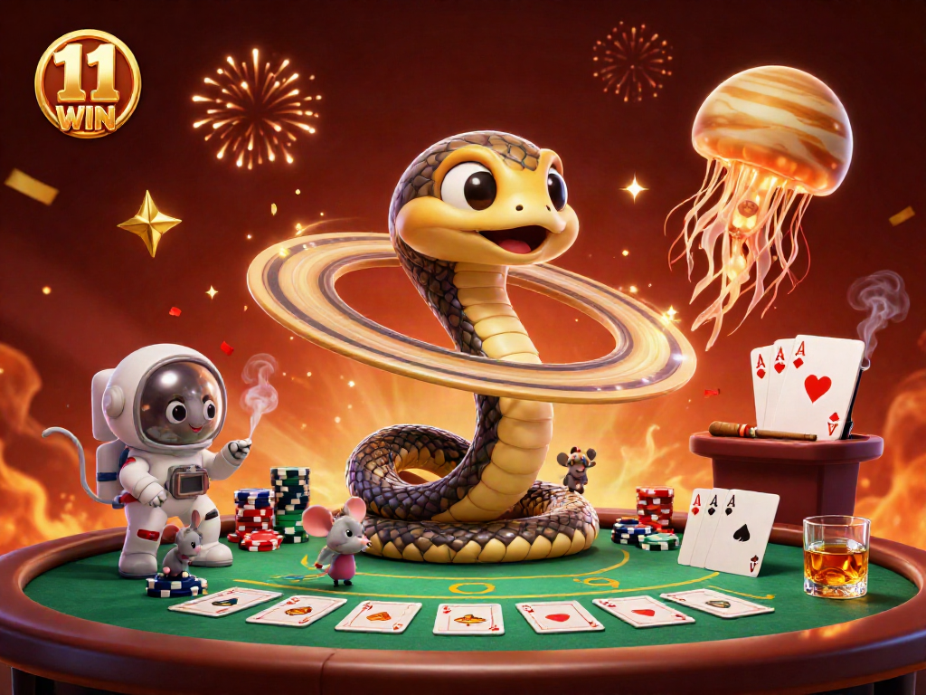Place bets in a vibrant 3D cosmic casino scene featuring 11 WIN with unique characters.