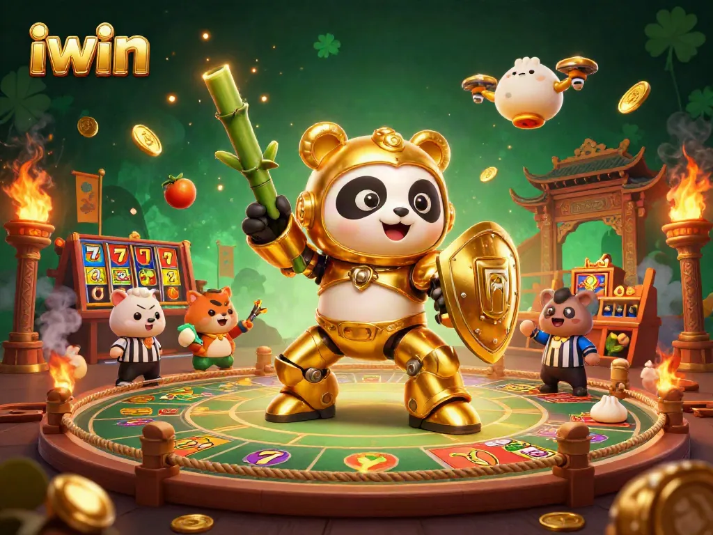 iwin casino illustration featuring a golden panda robot in a vibrant gambling arena.