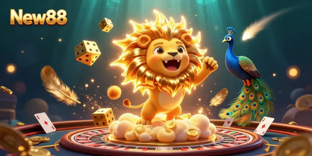 Engaging scene of New88 featuring a roaring lion, golden dice, and vibrant casino elements.