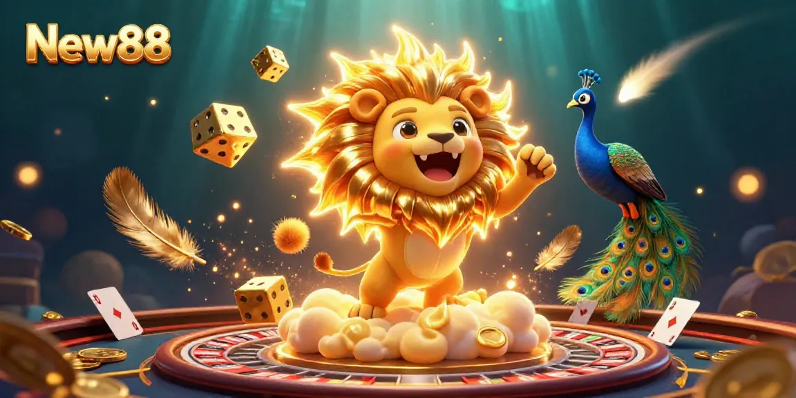 Engaging scene of New88 featuring a roaring lion, golden dice, and vibrant casino elements.