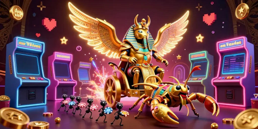 Experience the thrill of link slot gaming with vibrant 3D characters and casino elements in this illustrated scene.