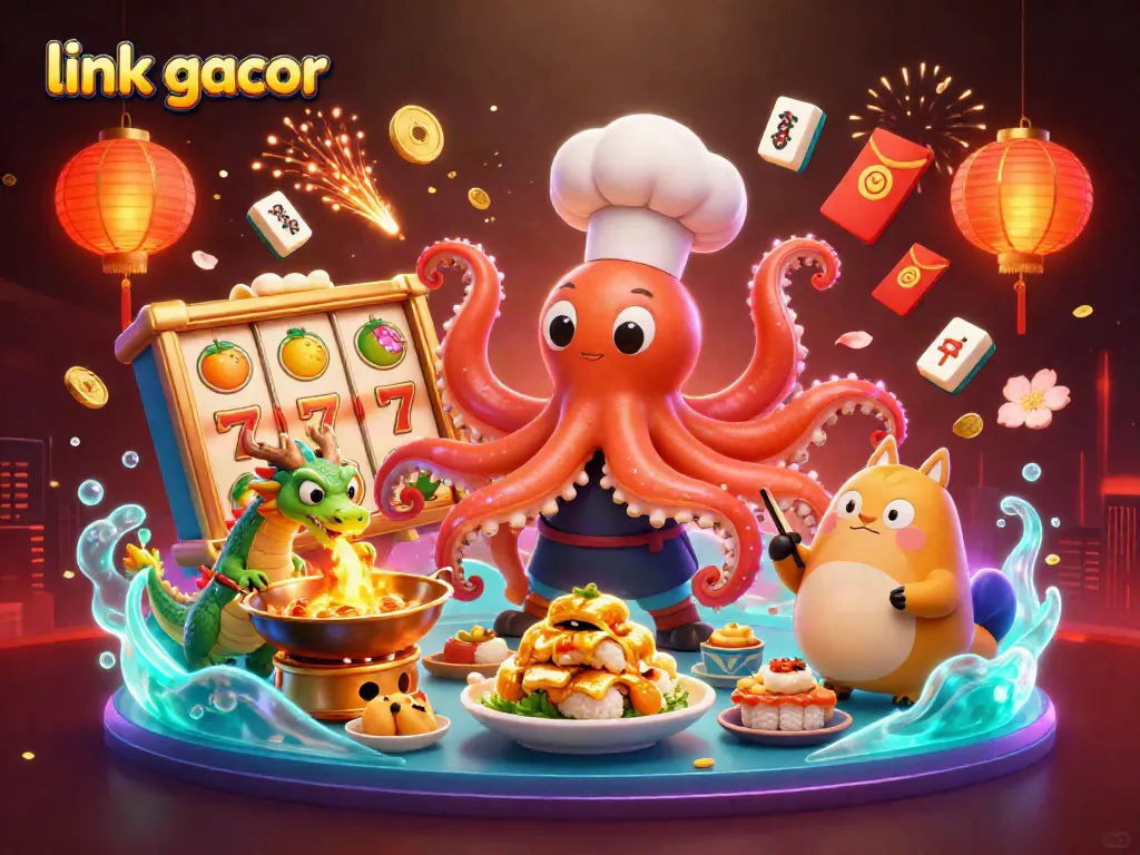 Experience the thrill of winning at link gacor with vivid slot reels and engaging characters in a dynamic casino scene.