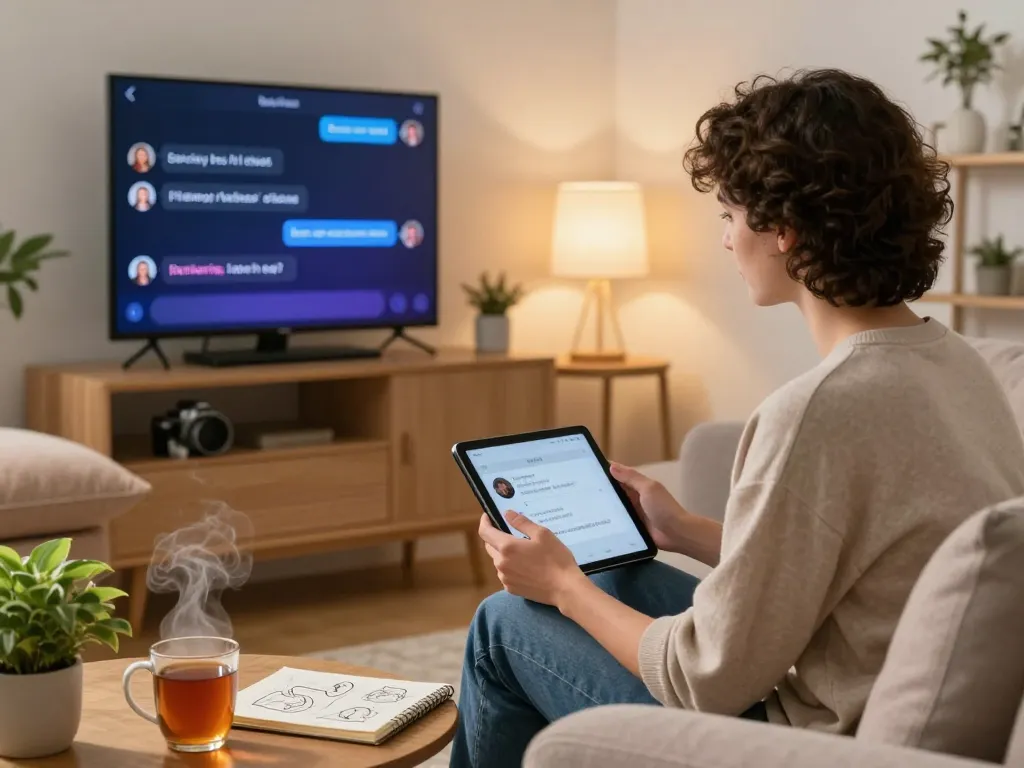 Cozy living room scene where a person engages in sex AI chat with a virtual assistant on a tablet, surrounded by warm decor.