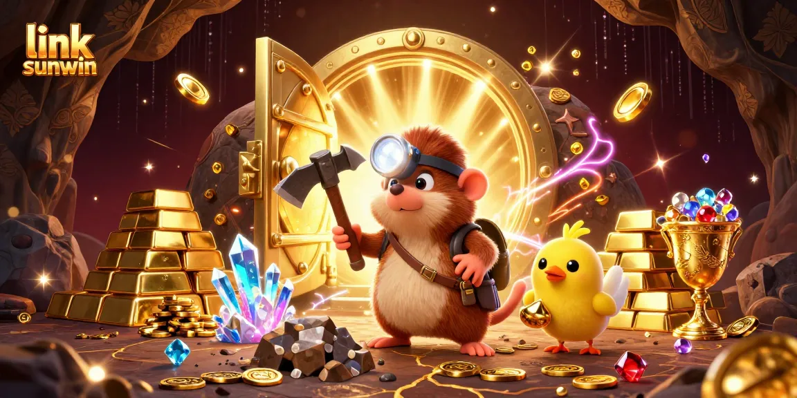 Experience the thrill of games and treasures at link sunwin with vibrant golden elements and dynamic characters.