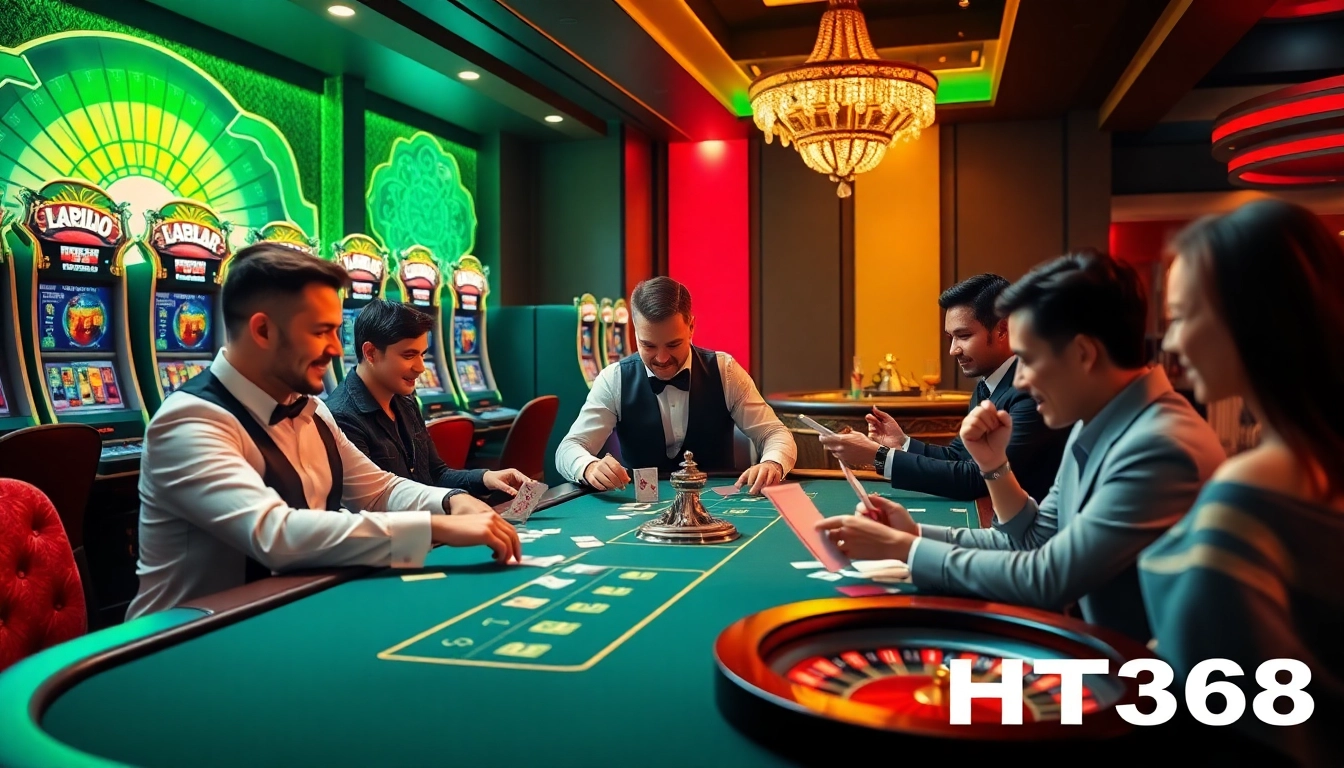 HT368 players celebrating wins at a luxurious casino table with vibrant slot machines in the background.