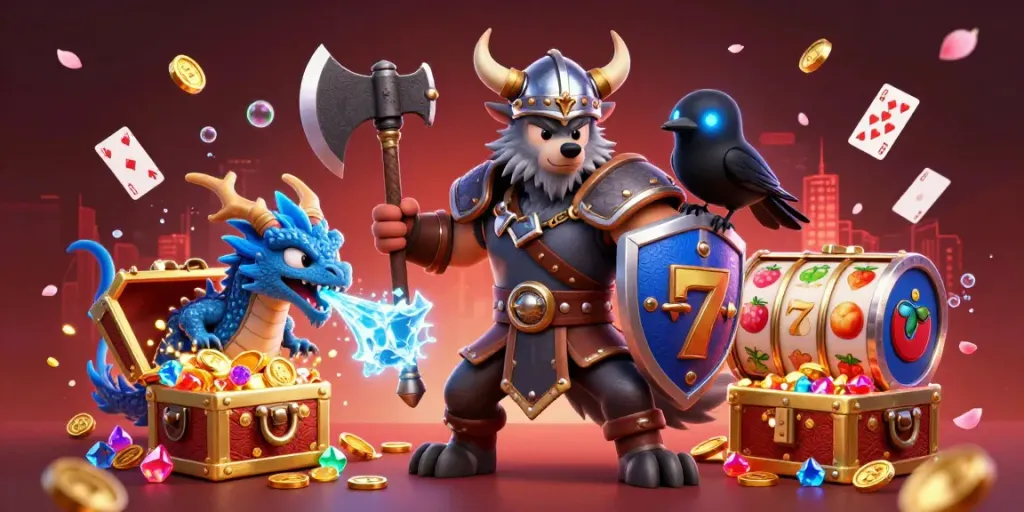 Win big with yo88's dynamic gaming scene featuring Viking warrior, dragon, and gems.