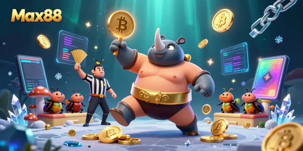 Max88 showcases an epic sumo match with a rhinoceros beetle champion amid flying coins and vibrant casino elements.