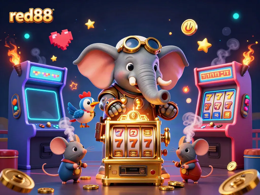 Experience immersive gameplay at red88 with a cartoon elephant operating a golden slot machine surrounded by vibrant arcade elements.