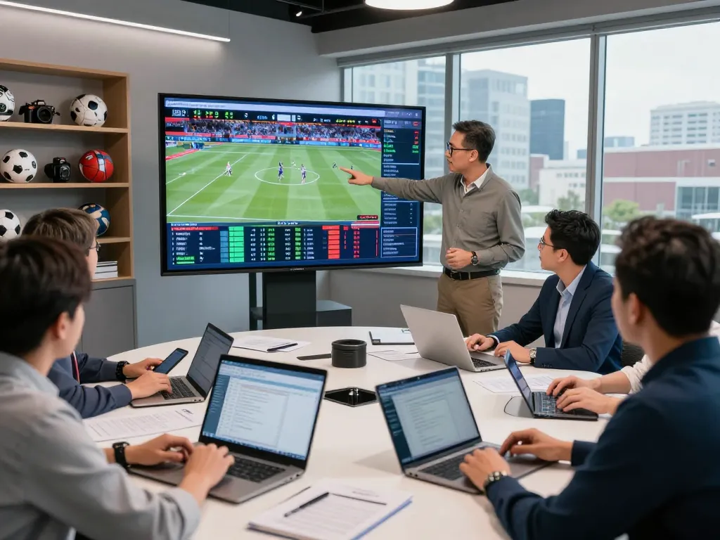 Live sports analysis at thscrore.com with experts discussing game stats and strategy in a modern studio.