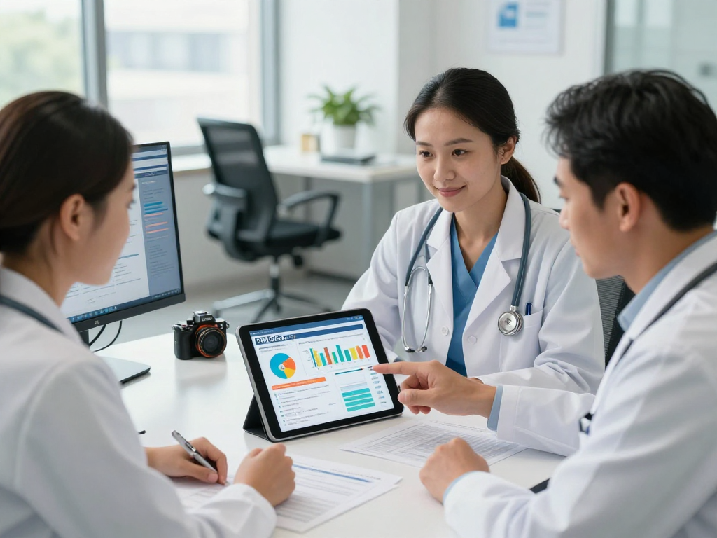 Healthcare professionals focusing on Daten- und Barrierefreiheit in Gesundheitswesen Arzt practices, emphasizing patient data security.