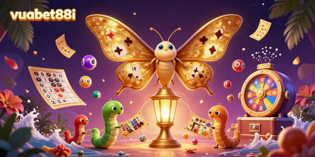 Engage with the thrilling world of vuabet88i, showcasing vibrant lottery balls and casino elements in a dynamic 3D scene.
