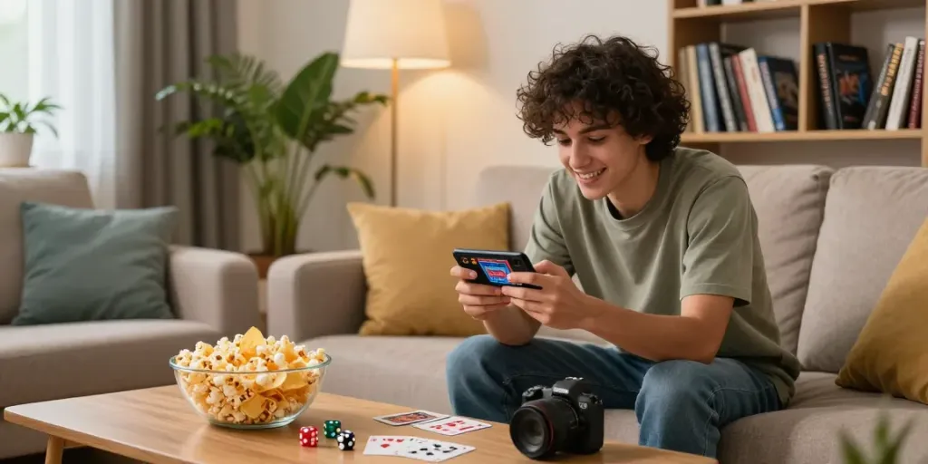 Mehr über neue Mobile Casinos erfahren in entspannter Wohnzimmeratmosphäre mit Smartphone und Snacks.