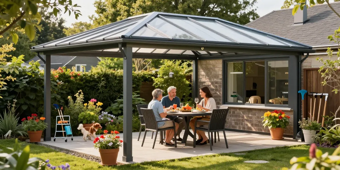Moderne Terrassenüberdachung schützt die Familie beim Essen im Garten.