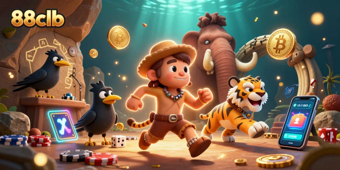 Experience thrilling games at 88clb in a spectacular prehistoric casino scene with whimsical characters.