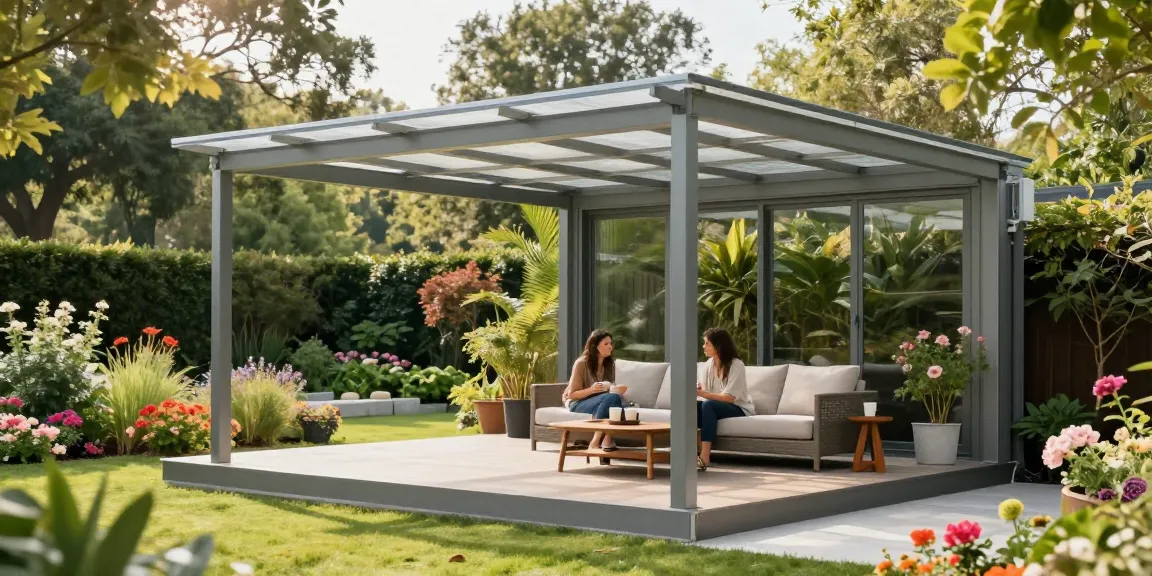 Freistehende Terrassenüberdachung im Garten mit einem Paar, das Kaffee genießt, umgeben von grünen Pflanzen und Blumen.