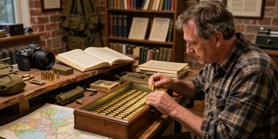 Collector examining a rare LC 88 ammunition cartridge in a cozy, warm-toned display setting.