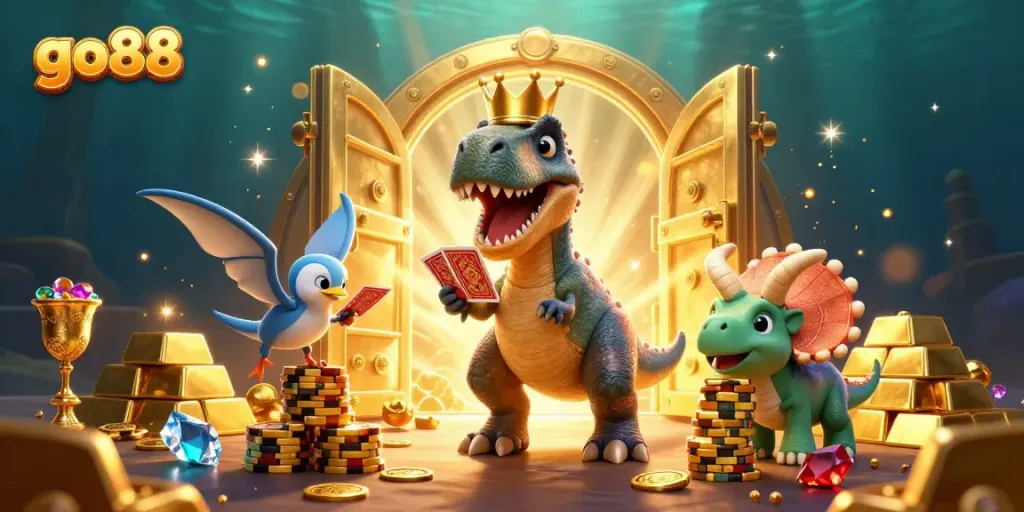Experience dynamic gaming fun with go88 featuring a T-Rex and friends in a vibrant casino scene.