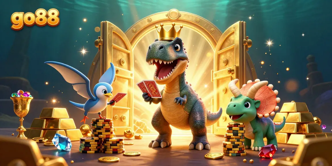 Experience dynamic gaming fun with go88 featuring a T-Rex and friends in a vibrant casino scene.