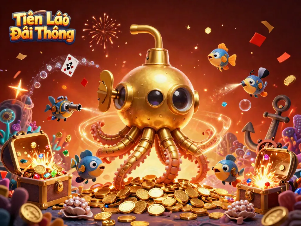 Experience Tiến Lên Đổi Thưởng with a dynamic scene of golden tentacled kraken among treasures and playing cards.