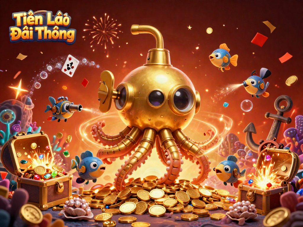 Experience Tiến Lên Đổi Thưởng with a dynamic scene of golden tentacled kraken among treasures and playing cards.