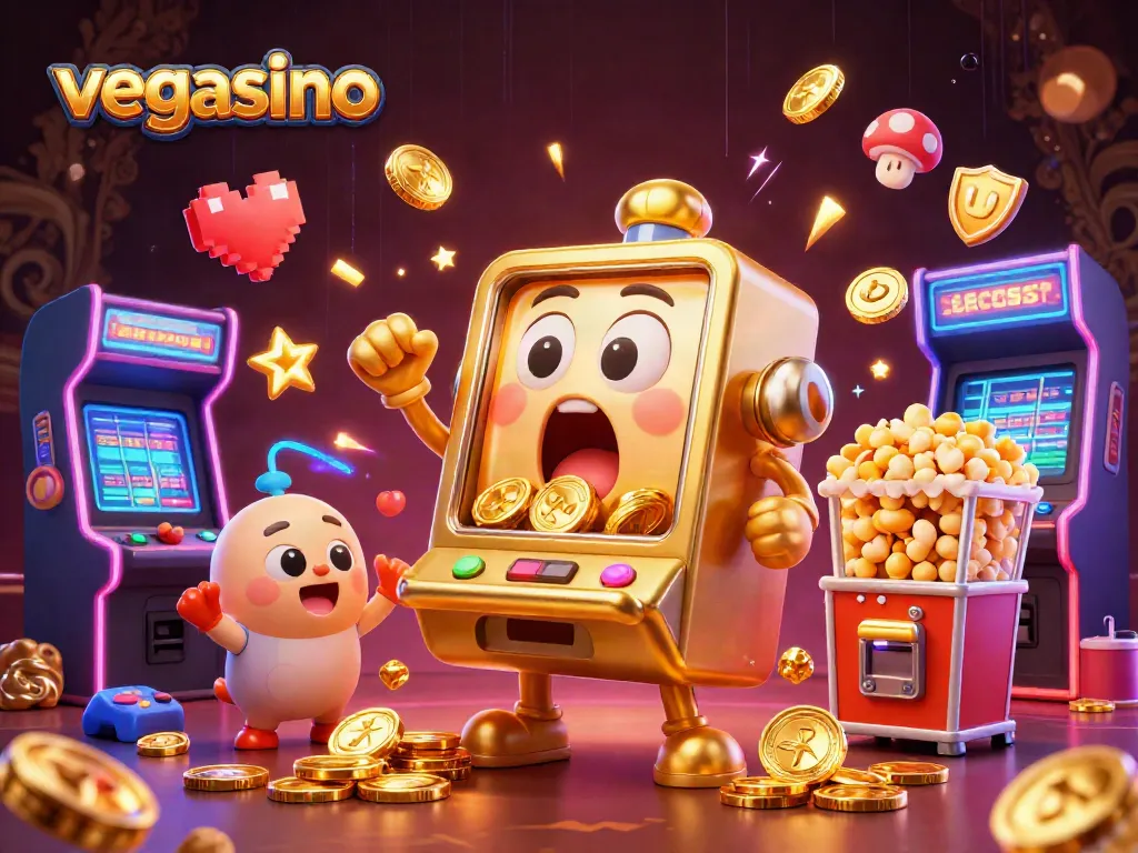 Experience the thrill of winning with vegasino's animated golden slot machine and festive atmosphere.