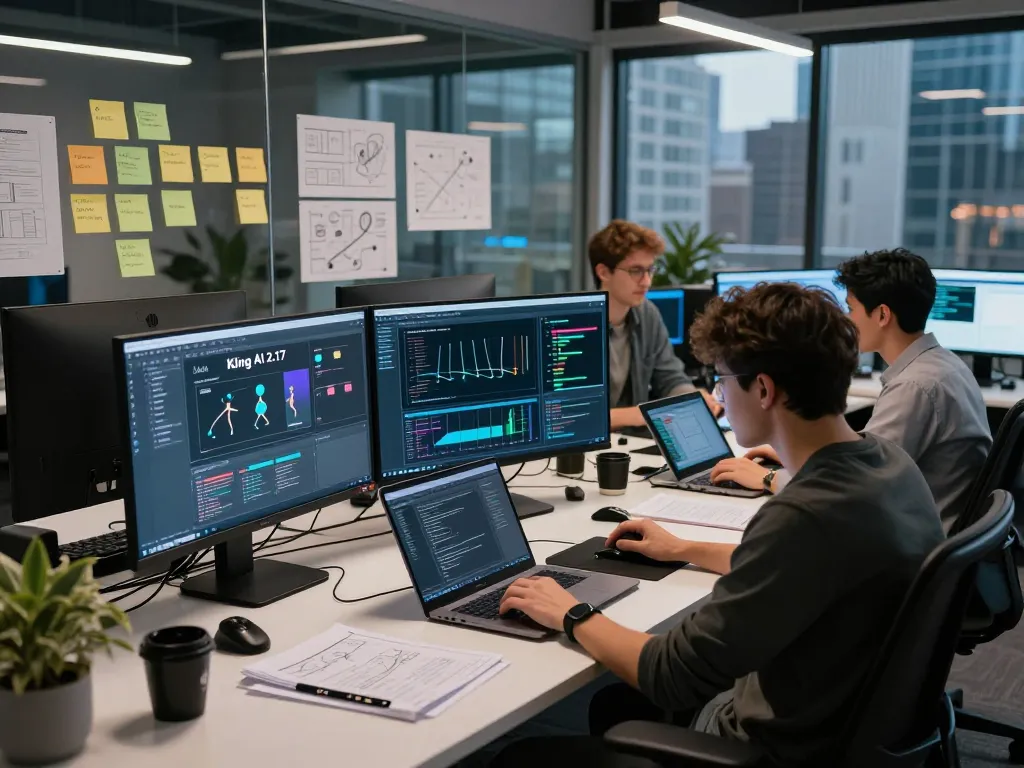 A dynamic software development team showcasing Kling AI 2.17 in a high-tech workspace.
