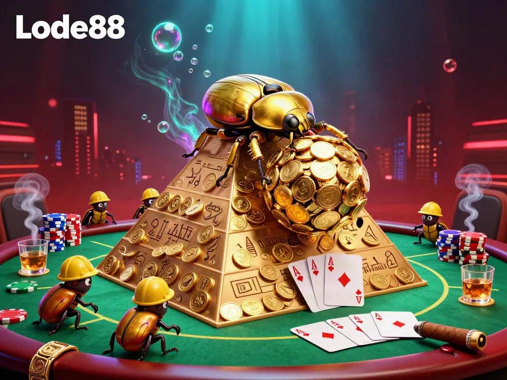 Engage with Lode88's dynamic gaming world, where golden beetles symbolize fortune among poker chips and casino elements.