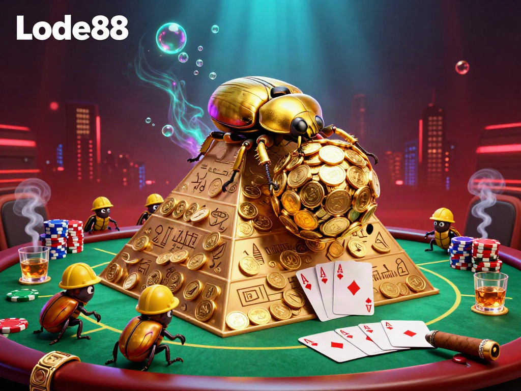 Engage with Lode88's dynamic gaming world, where golden beetles symbolize fortune among poker chips and casino elements.