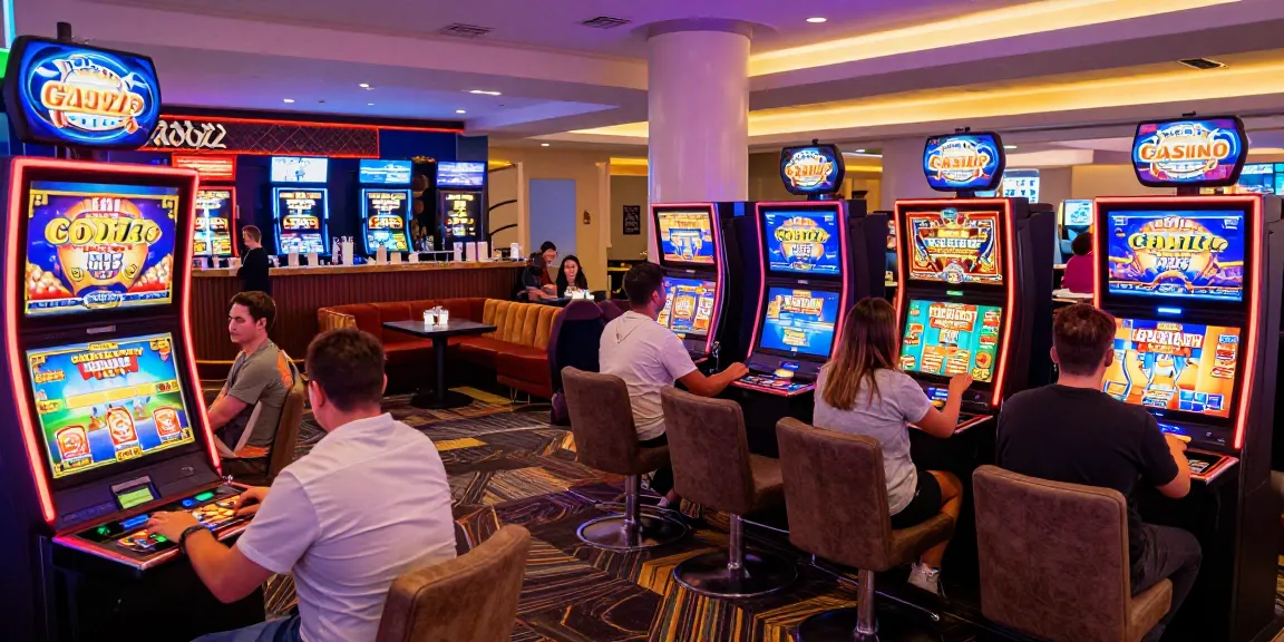 Engaging atmosphere at Godzz Casino featuring vibrant gaming options, players at slots and live tables, illuminated lobby.