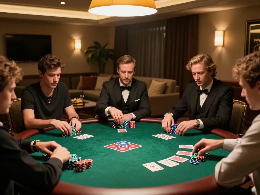 F168 poker players making strategic bets in an upscale private room, vibrant atmosphere and luxury setting.